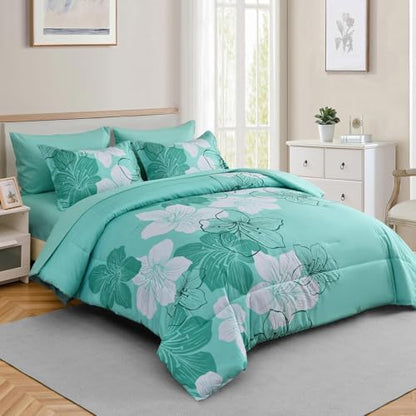 Luxudecor Aqua Comforter Set Full Size, 7 Pieces Floral Bed in a Bag