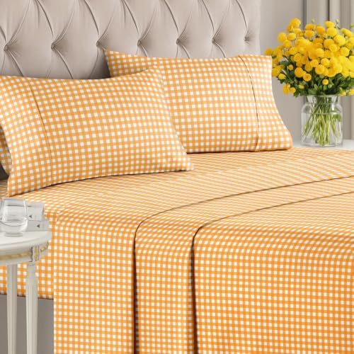 Cal King 4 Piece Striped Sheet Set - Breathable & Cooling - Orange Gingham