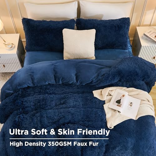 Andency Navy Blue California King Comforter Set, Fluffy Faux Fur Bed Set