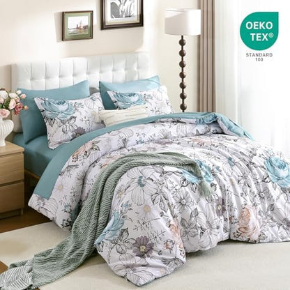 Luxudecor Queen Comforter Set 7 Pieces Bedding Sets,Teal Blue Floral Comforter and Sheet Set,Soft Microfiber Bed in a Bag for All Seasons (Teal Blue,90"x90")