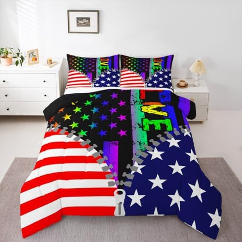 Erosebridal American Flag Comforter Set Rainbow Pride Bedding Set Twin Size for Teens Adult Women Bedroom,USA Federations Stars Stripes Down Comforter Kids Unique Zipper Design Duvet Sets, Colorful