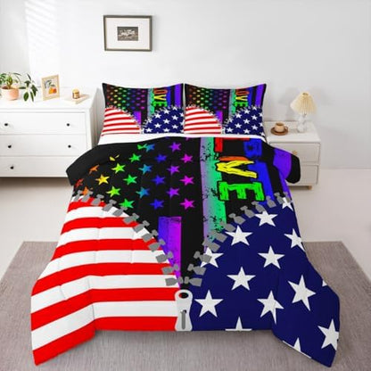 Erosebridal American Flag Bedding Set Rainbow Pride Comforter Set Full Size for Teens Adult Women Bedroom, USA Federations Stars Stripes Down Comforter Kids Unique Zipper Design Bedding