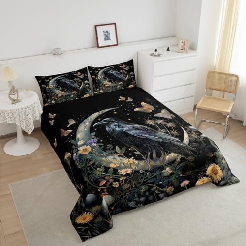 Black Crow Comforter Set Twin Size,Moon Daisy Flower and Butterfly Bedding Set,Kids Girls Boys Teens Room Decor,Halloween Theme Animals Plants Quilt Set Boho Trippy Duvet Insert,1 Pillowcase