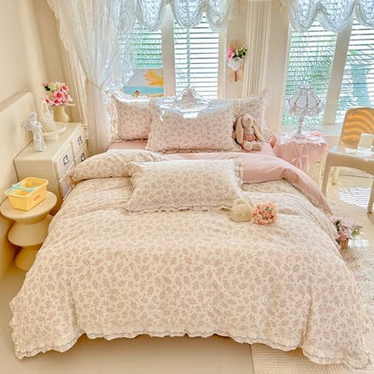 mixinni Shabby Chic Floral Duvet Cover Set Twin, 100% Cotton Cottagecore Bedding with Double Ruffle Lace Trim, Reversible Pink Rose Flower Vintage Farmhouse Comforter Cover with Zipper & Corner Ties