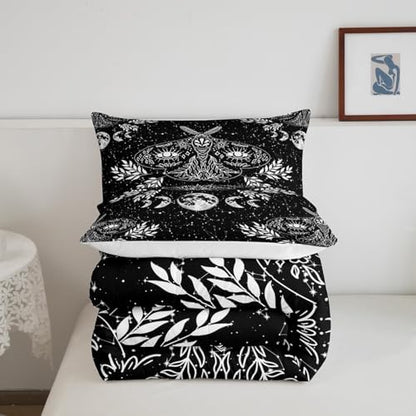 Erosebridal Gothic Moth Comforter Set Full Size Skeleton Halloween Boho Death Moth Decor Quilted Duvet Animal Skeleton Skull Down Comforter Bohemian Sun and Moon Duvet Insert with 2 Pillowcases
