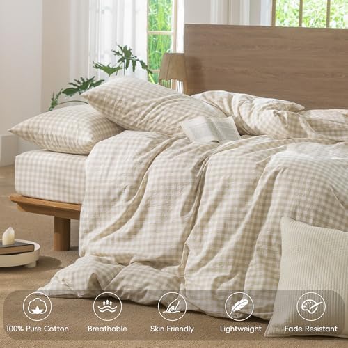 MooMee Gingham Duvet Cover Set 100% Washed Cotton Linen Like