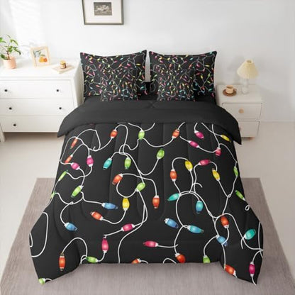 Erosebridal Festival Lamp 7 Piece Bedding Set King Cartoon Rope Comforter Set with Sheets Christmas Colorful Fantasy Bed in a Bag Holiday Black Bed Sets Comforter
