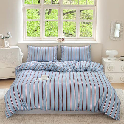 NSNLGSGC Blue and Red Retro Striped Duvet Cover Set, Queen