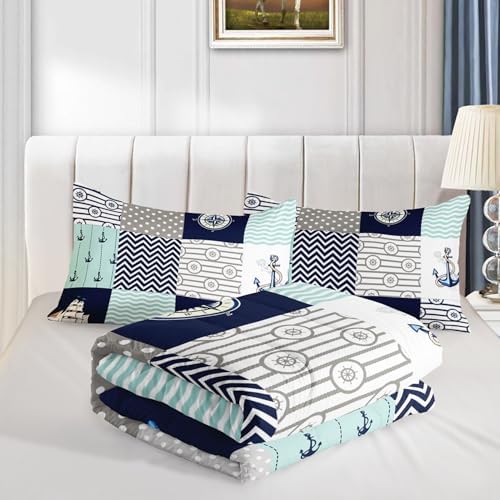 HOSIMA Plaid Patchwork Nautical Comforter Set Queen with 2 Pillowcases.