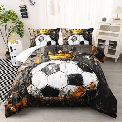 Nttopship Soccer Comforter Set Queen Size,Soccer Sport Print Bedding Set 3 Pcs Bed in A Bag for Youth and Adults,Soft Microfiber All Season Football Printed Themed Bedroom with 2 Pillowcases