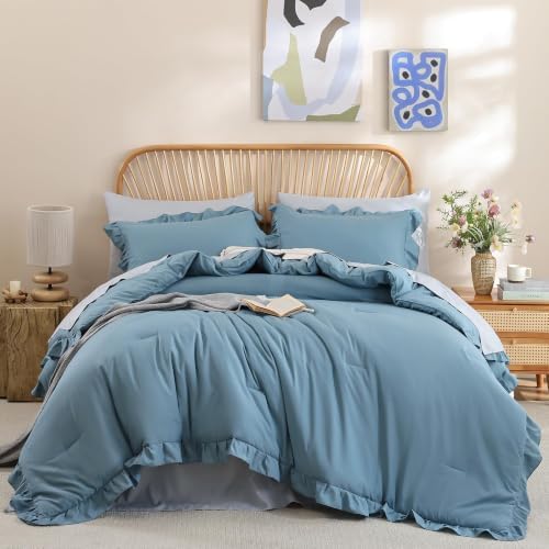 JANZAA Mineral Blue Comforter Set California King, Ruffle Soft Bedding