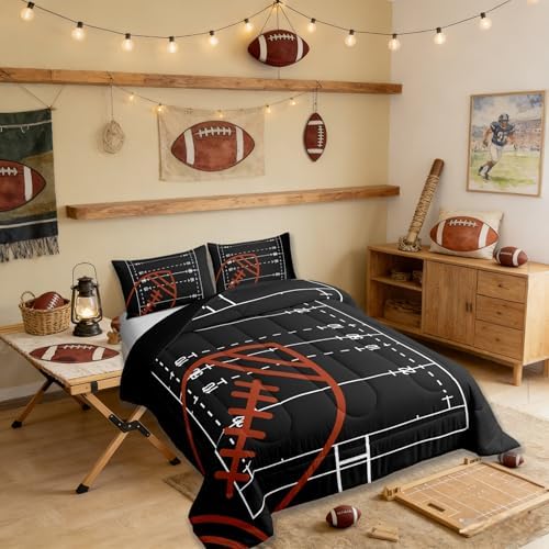 American Football Field Comforter Set Full Size,Boys Ball Sports Games Themed Polyester Bedding Comforters for Girls Teens Gift,Brown Rugby Gloves Sporting Equipment Quilt Set with 2 Pillowcases