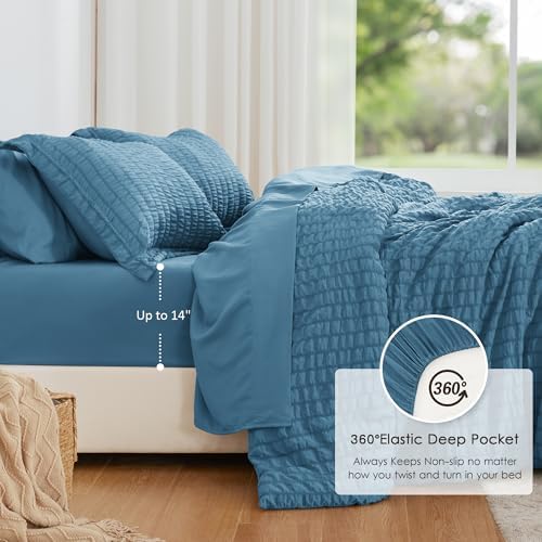 Love's cabin Seersucker Misty Blue Full Comforter Set