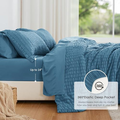 Love's cabin Seersucker Misty Blue Full Comforter Set