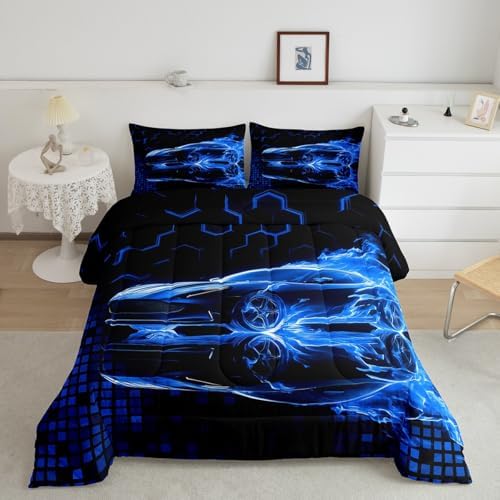 Feelyou Race Car Flame Comforter Set for Kids Boys Teens King Size Speed Sports Bedding Set Ultra Soft Honeycomb Duvet Quilt Games Car Comforter Bedroom Decor Cool Modern Grid Duvet Quilt