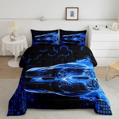 Feelyou Race Car Flame Comforter Set for Kids Boys Teens King Size Speed Sports Bedding Set Ultra Soft Honeycomb Duvet Quilt Games Car Comforter Bedroom Decor Cool Modern Grid Duvet Quilt