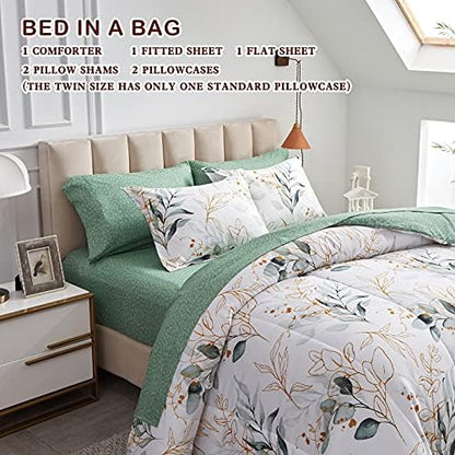 Joyreap 7 Piece Bed in a Bag King, Green Leaves Printed on White Botanical Design, Microfiber Comforter Set for All Season (1 Comforter, 2 Pillow Shams, 1 Flat Sheet, 1 Fitted Sheet, 2 Pillowcases)