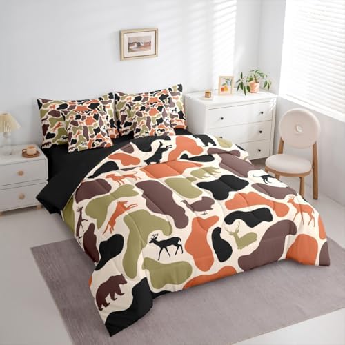 Erosebridal Camouflage 7 Piece Bedding Set Queen Hound Wolf Comforter Set with Sheets Army Woods Orange Farmhouse Bed in a Bag Bear Turkey Deer Theme Camo for Kids Boys Girls
