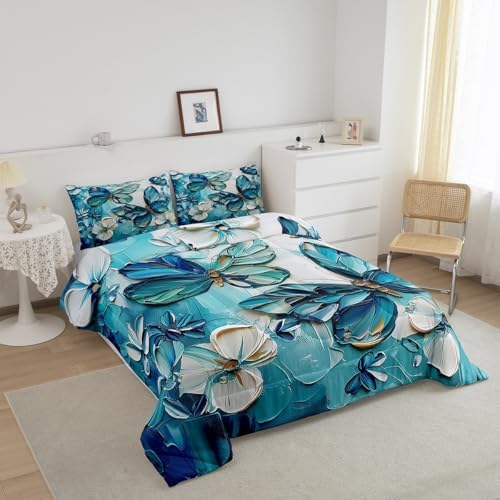jejeloiu Teal Blue Butterfly Comforter Set King Size Kids Oil Painting Style Bedding Set for Boys Girls Teens Boho Butterfly Duvet Breathable Animal Quilt Bedroom Decor,1 Comforter with 2 Pillowcase