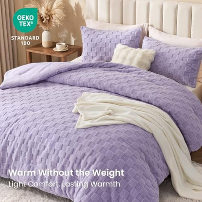 Love's cabin Fleece King Comforter Set, Fluffy Reversible Bedding, Lavender