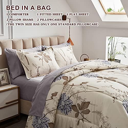 Joyreap 6 Piece Bed in a Bag Twin, Elegant Flower Botanical Smooth Soft Microfiber Floral Comforter Set for All Season (1 Comforter, 2 Pillow Shams, 1 Flat Sheet, 1 Fitted Sheet, 1 Pillowcase)