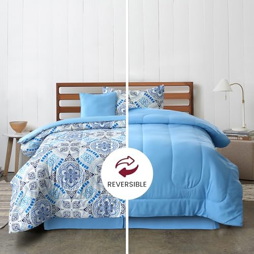 LUX Décor Reversible 4pc Twin Comforter Set, Printed Bedding Set, All-in-One Bed in a Bag, Includes 1 Comforter, 1 Pillow Sham, 1 Decor Pillow & 1 Bed Skirt (Aztec Sky,Twin)