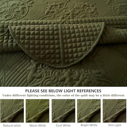 EVENHUG Oversized King Bedspreads California King Quilt Set with Pillow Shams Extra Wide Large King Size Quilts Lightweight Coverlet Bedding Sets Olive Green 120"x120"