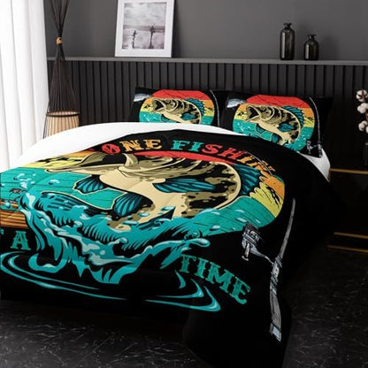 Nttopship Big Pike Fish Comforter Set,Bass Fishing Comforter Set for Boys Girls Children Fishing and Hunting Room Decor King Size with 2 Pillow Case