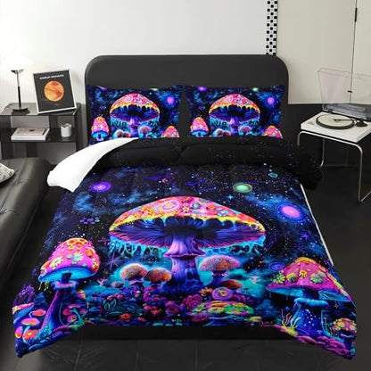 Magical Fantasy Mushroom Comforter Set Twin Size，Galaxy Mushroom Bedding Set Twin for Kids，with 1 Comforter with 2 Pillow Case，Mushroom Themed Bedroom Decor