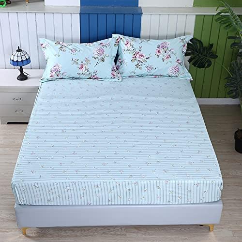 FADFAY Cotton Queen Sheet Set, Rose and Hydrangea Flower, Blue