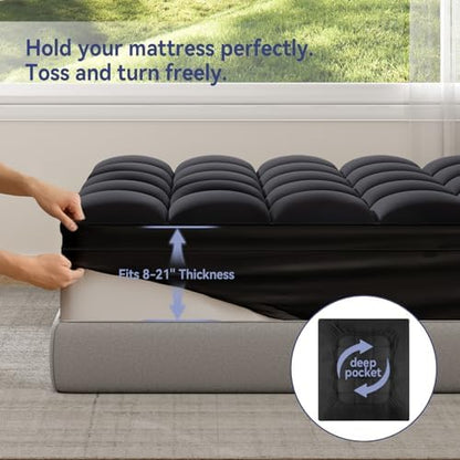ELEMUSE Queen Black Mattress Topper, Thick Pillow Top Mattress Pad Cover