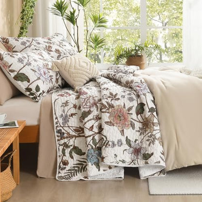 Litanika Floral White Quilt King - 3Pcs Botanical Birds Bedding Set