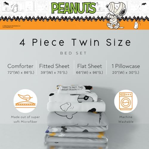 Franco Peanuts Snoopy Halloween Bedding Set, 4 Piece Super Soft Reversible Comforter and Sheet Set, Twin, (100% Officially Licensed Product) Collectibles