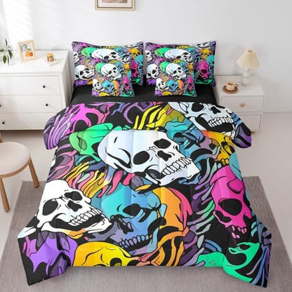 Erosebridal 7Pcs Halloween Skull Comforter Set for Kids Boys Girls King Size,Colorful Bones Skeleton Bedding Set,Gothic Spooky Bed in A Bag,Exotic Hippie Sheet Set with Comforter