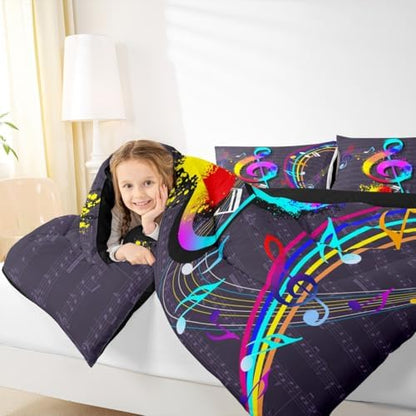 Music Note Comforter Set - Full Size Colorful Tie-Dye Hippie Style Bedding for Boys & Girls - Musical Notation Decor Duvet Insert - 3 Pcs