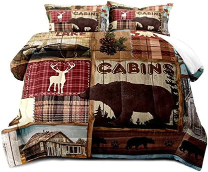 LUVIVIHOME 2PCS Deer Bear Cabin Comforter Set, Twin Comforter, Elk Moose Forest Animal Wildlife Hunting Hunter Red Buffalo Plaid Patchwork Quilt Country Lodge Rustic Farmhouse Bedding, 1 Pillow Sham