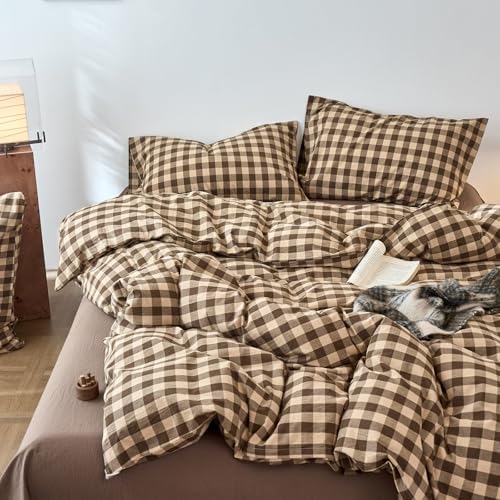 LifeTB Vintage Gingham Duvet Cover Twin XL, 100% Washed Cotton Brown Beige Plaid Checkered Comforter Cover with 2 Pillowcases, Breathable Grid Farmhouse Gingham Bedding Set for All Seasons
