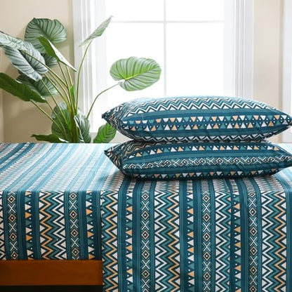 CozySmile Boho Sheet 4 Pieces Queen Sheet Set Bohemian,Queen Size Breathable Soft Microfiber Deep Pocket Bedding Sheet, Western Sheets Geometric(King, Teal Geometric)
