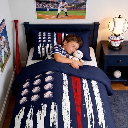 Castle Fairy Kids Baseball Gaming Coverlet Set Toddle Size Navy Blue Comforter Set for Boys Girls Teens Bedroom Decor Softball Comforter Women Men Ball Games Quilt Set with 1 Pillow Case
