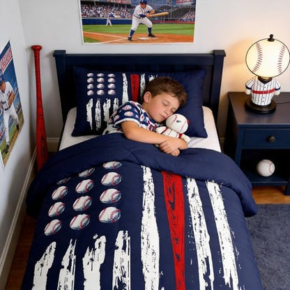 Castle Fairy Kids Baseball Gaming Coverlet Set Toddle Size Navy Blue Comforter Set for Boys Girls Teens Bedroom Decor Softball Comforter Women Men Ball Games Quilt Set with 1 Pillow Case