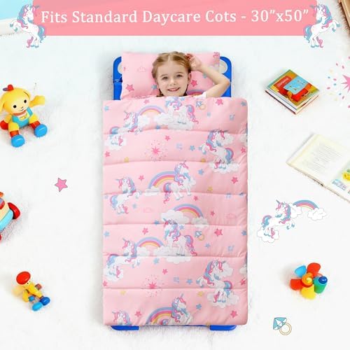 Toddler Nap Mat for Preschool 50''x30'' Sleeping Mat with Removable Pillow and Minky Blanket for Kids Ages 3-7 Roll Up Soft Sleeping Bag for Boys Girls Kindergarten Daycare Sleepover