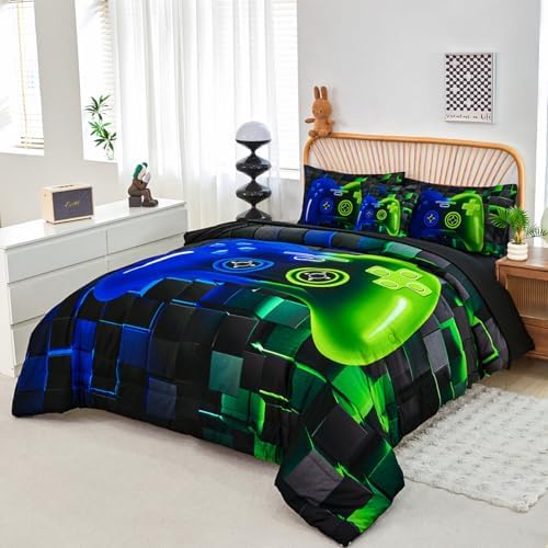 PERFEMET 6-Piece Game Twin Comforter Set for Kids Blue and Green Boys Gaming Bed in a Bag with Sheets Soft 3D Cool Fluffy Video Game Console Bedding Set for Girls Teen(Blue Green, Twin)
