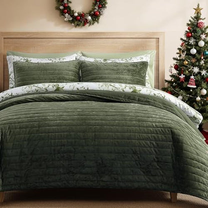 Velvet Quilt Set Queen Size -Bedding Set Green Soft Bedspread with 2 Shams