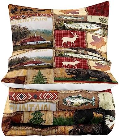 LUVIVIHOME 3PCS Cabin Comforter Set Queen Size, Bear Fish Deer Elk Moose Forest Animal Wildlife Hunting Fishing Red Buffalo Plaid Patchwork Quilt Country Lodge Rustic Farmhouse Bedding, 2 Pillow Shams