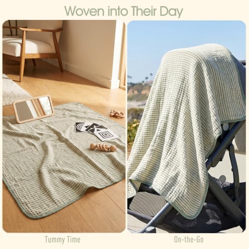 Ultra Soft Muslin Baby Blanket - Organic Cotton Blend (Sage Stripe)