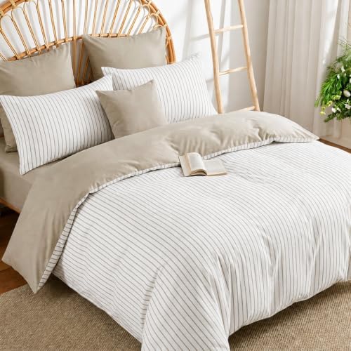 Nayoroom White Brown Striped Comforter Set Queen Reversible Taupe Bedding