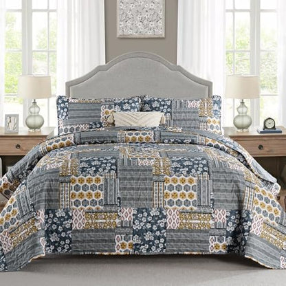 Mybedsoul Boho Quilt King Size, Patchwork Floral Bedding Set, Dark Grey