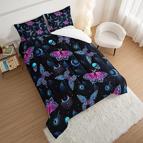 HOSIMA Halloween Twin Comforter Skull Butterfly Bed Set,Goth Bedding Set Black Comforter Twin Bed in a Bag Sets for Adults Boys Girls Halloween Room Decor Dark Academia Bedding.