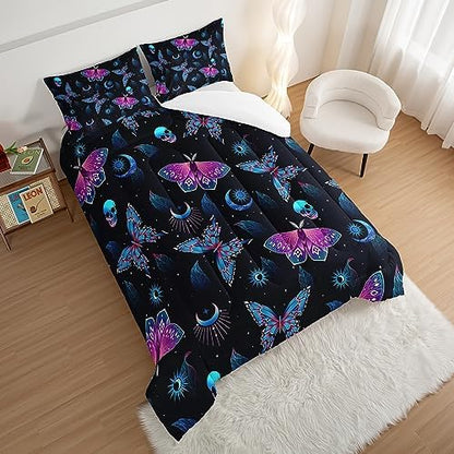 HOSIMA Halloween Twin Comforter Skull Butterfly Bed Set,Goth Bedding Set Black Comforter Twin Bed in a Bag Sets for Adults Boys Girls Halloween Room Decor Dark Academia Bedding.