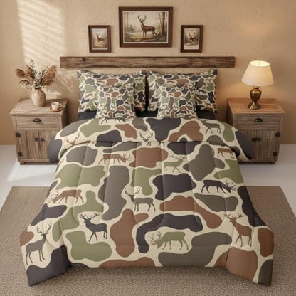 Erosebridal Camo Deer Comforter Set 7 Pcs Camouflage Hunting Deer Bedding Sets for Kids Teens Green Military Army Camo Bed in A Bag Queen Country Hunter Wildlife Sheet Set with Comforter